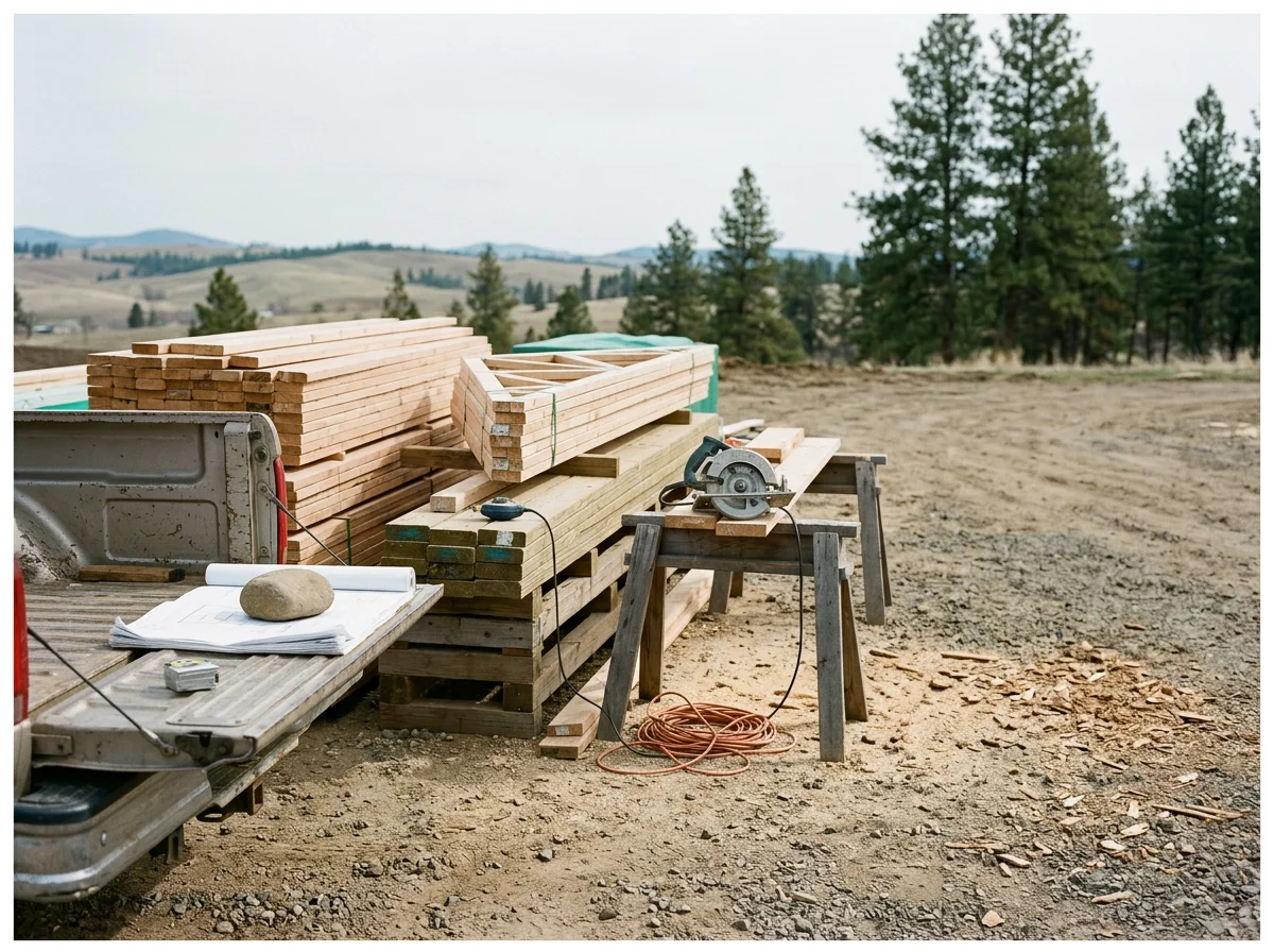Environmental view of a construction work area with tools and materials arranged for a residential build. No people are shown in the scene.