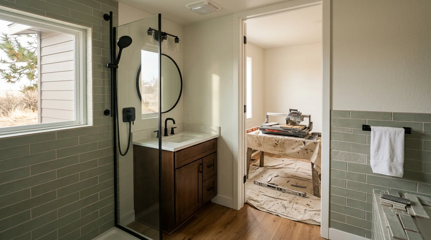 Finished bathroom remodel by Tomahawk Construction LLC in Spokane, Washington.