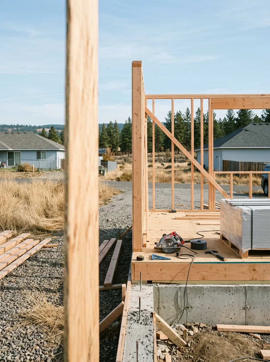 Detached accessory building under construction on a residential lot in Airway Heights, Washington, with wood framing and a concrete foundation visible.