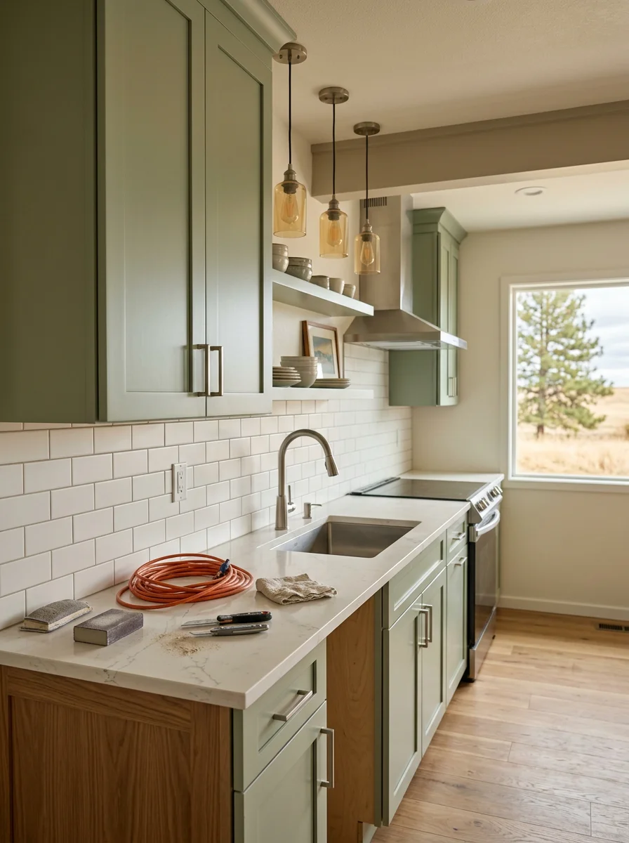 Remodeled kitchen interior in a Cheney home featuring new cabinetry, updated countertops, and modern fixtures replacing original mid-century finishes.