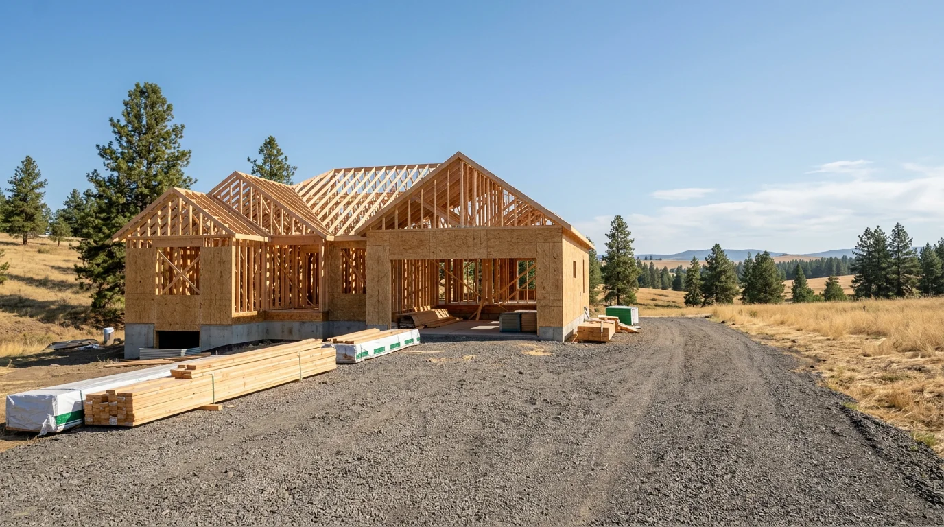New single-family home under construction on a large residential lot in Cheney, Washington, with wood framing visible against a clear eastern Washington sky.