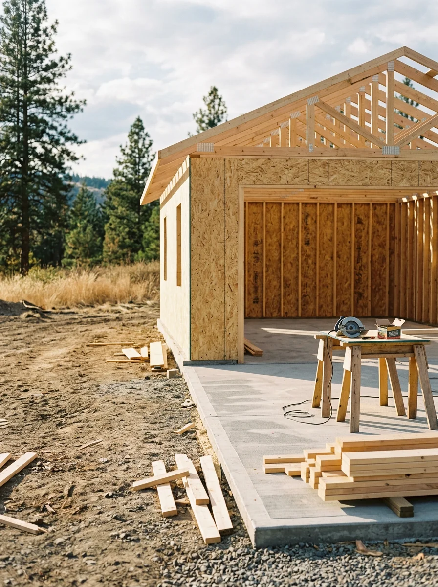 Detached garage accessory building under construction on a suburban lot in Greenacres, Spokane Valley, with wood framing and a concrete slab foundation.