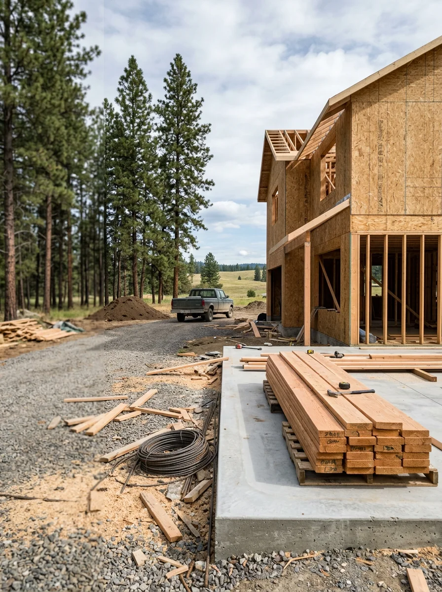New home construction on a large residential lot in north Spokane's Five Mile Prairie area, with wood framing and concrete foundation in progress.