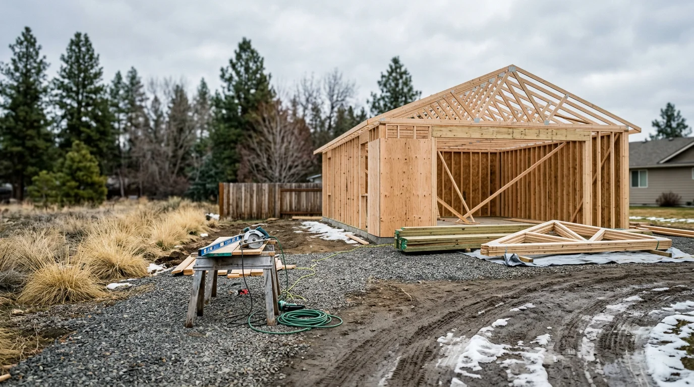 A newly completed detached accessory building on a residential property in Cheney, Washington. The structure features a pitched roof suited for Inland Northwest snow loads, with a wide door opening for vehicle or equipment access.