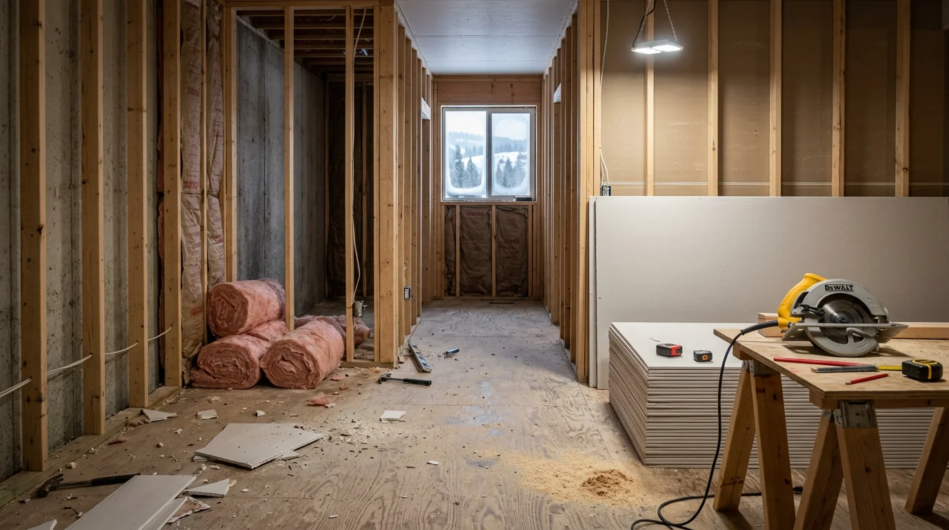 Finished basement interior remodeled by Tomahawk Construction LLC in Cheney, WA, showing framed walls, recessed lighting, and new flooring in a converted living space.