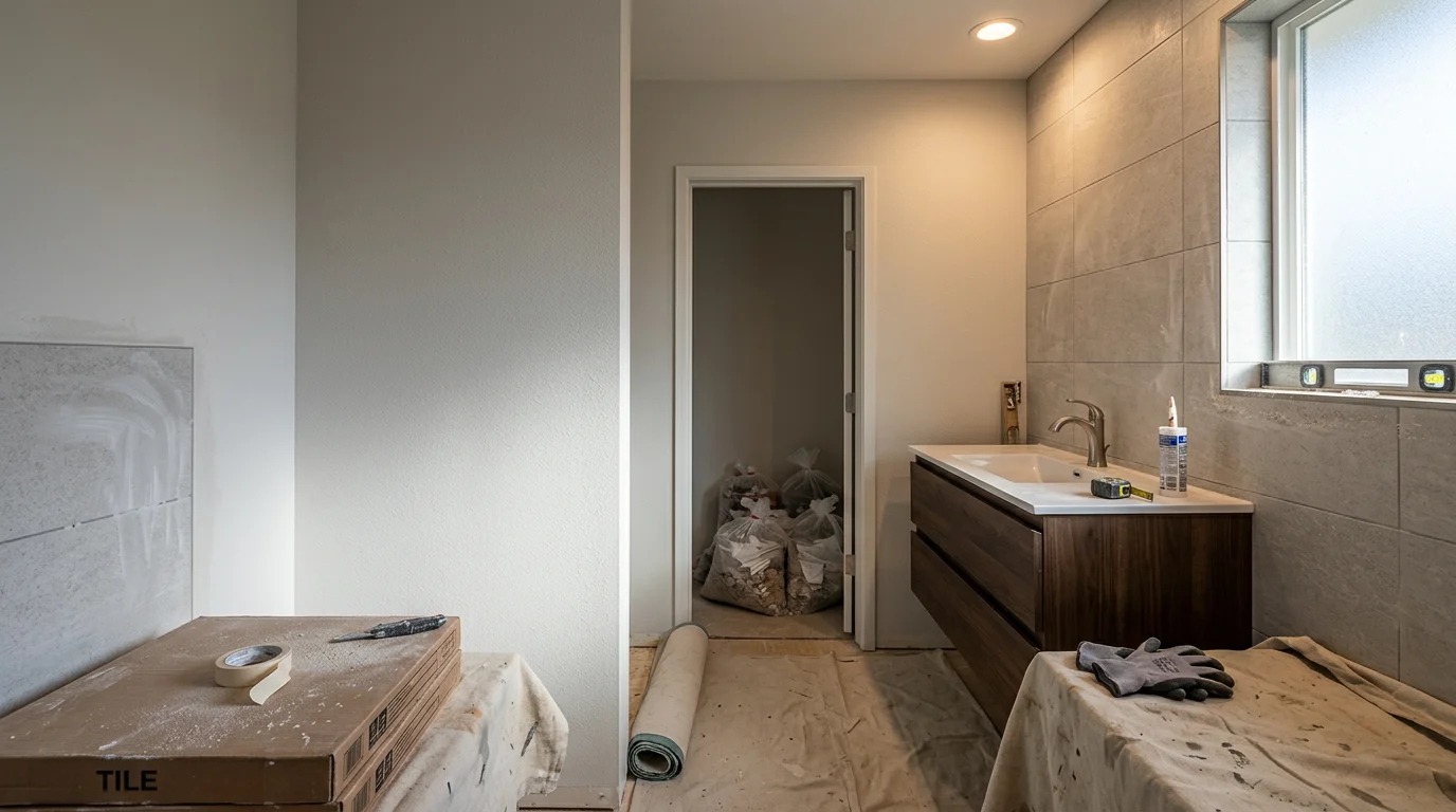 A remodeled bathroom in a Cheney, WA single-family home featuring updated tile flooring, a new vanity, and fresh wall finishes. The space shows clean lines and practical layout improvements typical of a full bathroom renovation in the Spokane area.
