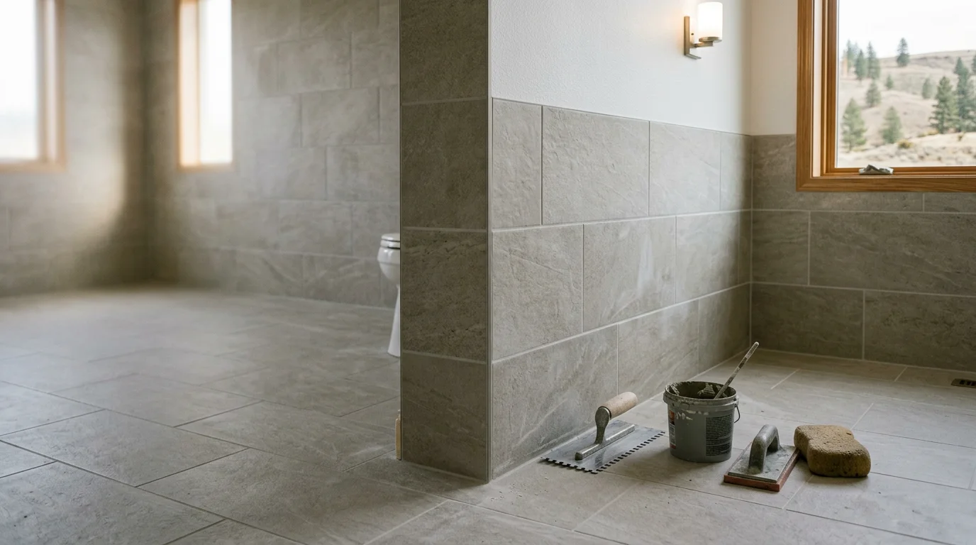 Freshly installed bathroom floor and wall tile in a Cheney, WA home, showing clean grout lines and a waterproofed tile surface around the tub area. The tile work is complete with sealed edges and no visible gaps.