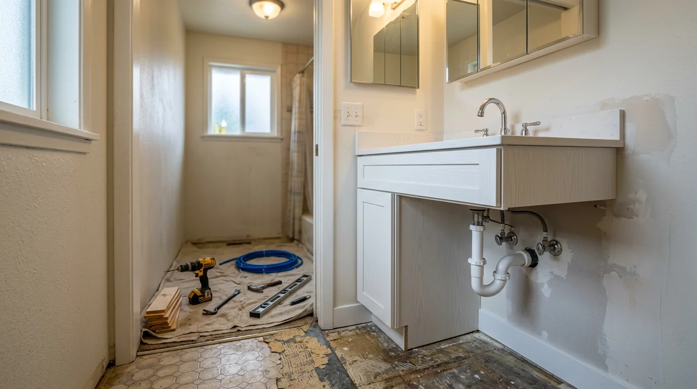 A newly installed bathroom vanity with a clean sink and updated cabinet in a Cheney, WA home. The vanity is level and flush against a freshly prepared wall, showing the finished result of a professional installation.