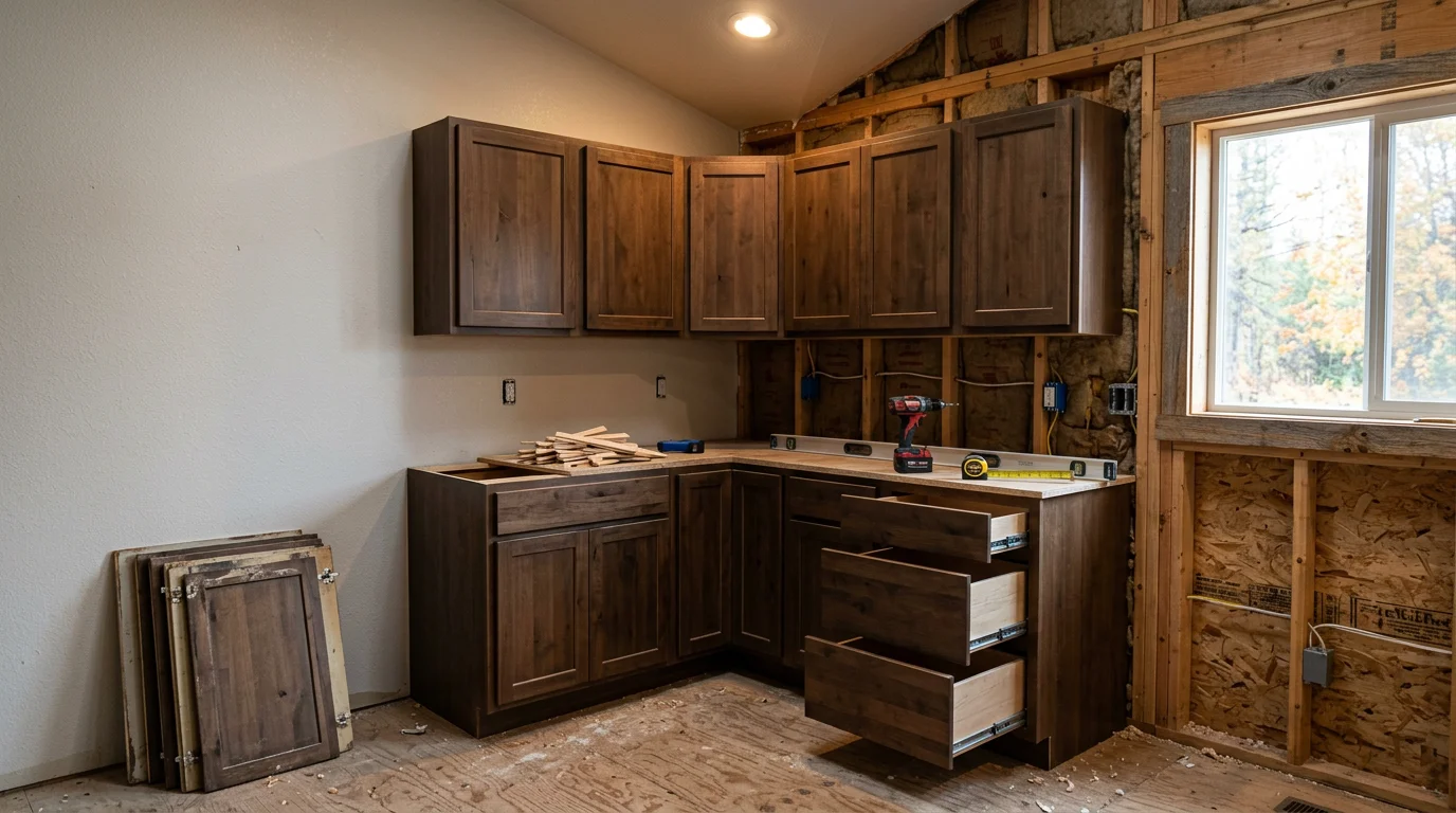 Newly installed custom kitchen cabinets in a Cheney, WA home, showing upper and lower cabinet runs with consistent spacing and a clean finished edge along the wall. The installation is complete with all doors aligned and hardware in place.