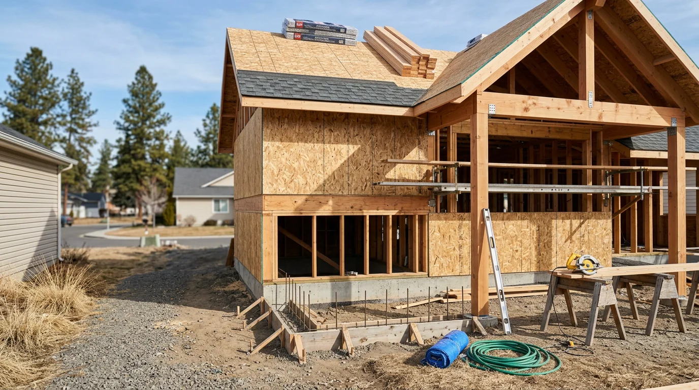 A newly completed home addition on a single-family house in Cheney, WA, showing framed exterior walls tied into the existing structure with matched siding and roofline. The addition extends the rear of the home and blends with the original construction.