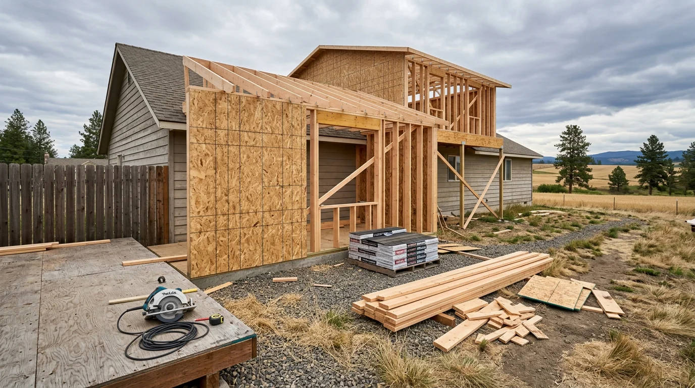 A newly completed single-family home addition in Cheney, WA showing a seamlessly matched exterior roofline and siding tied into the original structure. The expanded square footage is visible from the front of the home against a clear Eastern Washington sky.