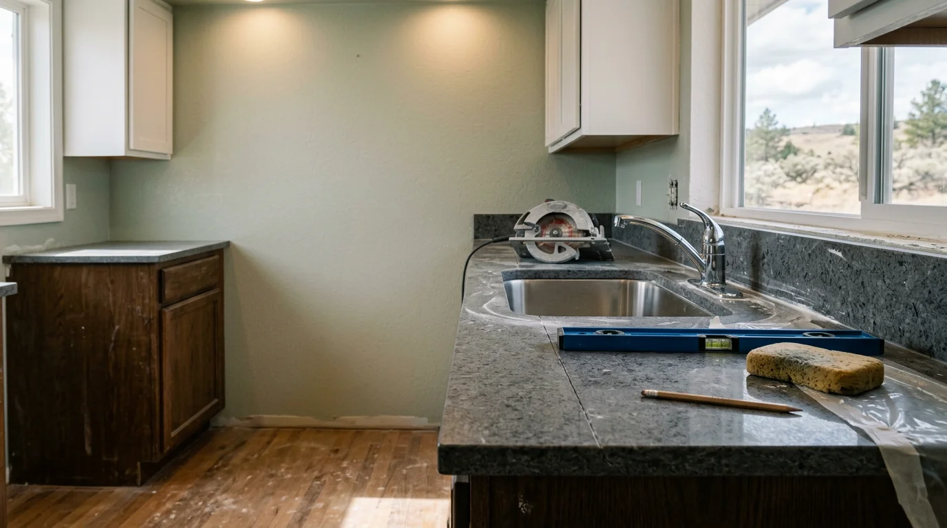 Freshly installed kitchen countertop in a Cheney, WA home, showing a clean edge profile, fitted sink cutout, and level surface running the full length of the base cabinets. The kitchen has natural light from a window above the sink, typical of residential homes in the Cheney and Spokane Valley area.