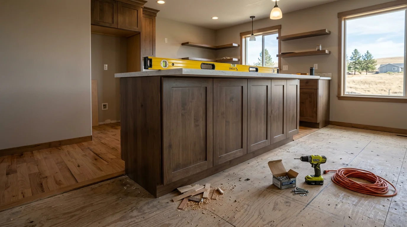 A newly installed custom kitchen island with cabinet storage and countertop seating in a Cheney, WA home. The island is centered in an open kitchen layout with clear walkways on all sides.