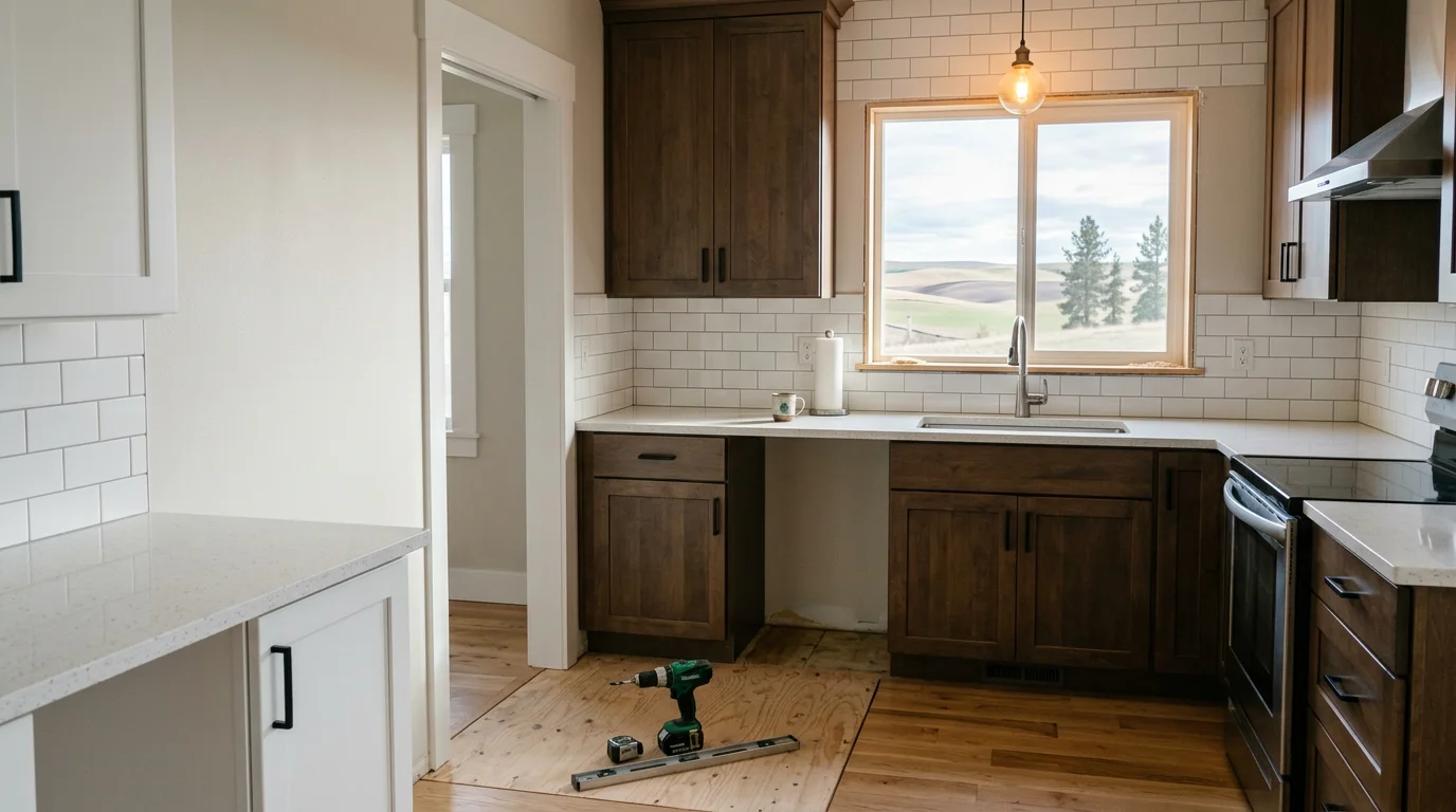 A remodeled kitchen interior in a Cheney, WA home showing an open layout with updated fixtures and refreshed surfaces. The space reflects a practical, functional design suited to the area's mix of older bungalows and ranch-style homes.