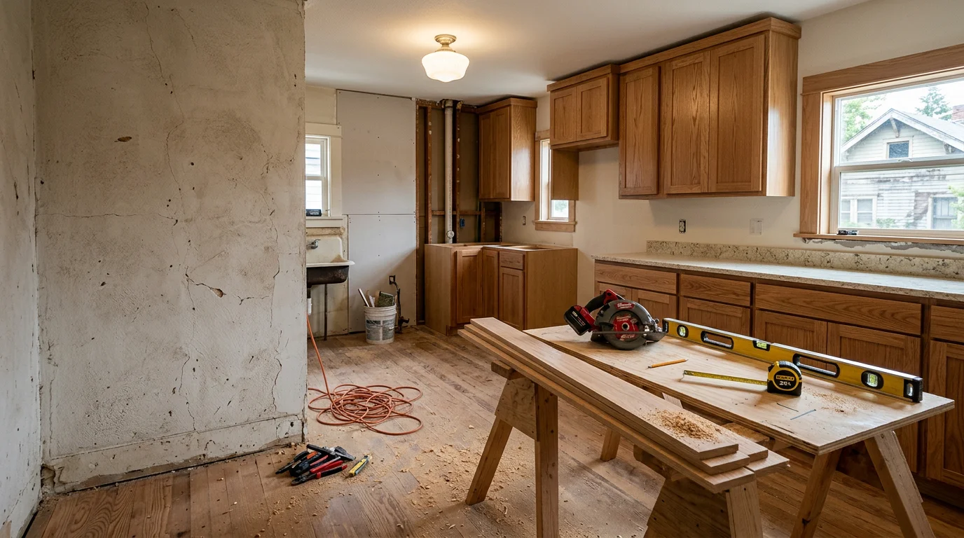 Remodeled kitchen interior in a single-family home in Cheney, WA, showing updated cabinetry and refreshed finishes. General contractor remodeling work completed by Tomahawk Construction LLC serving the Cheney and Spokane area.