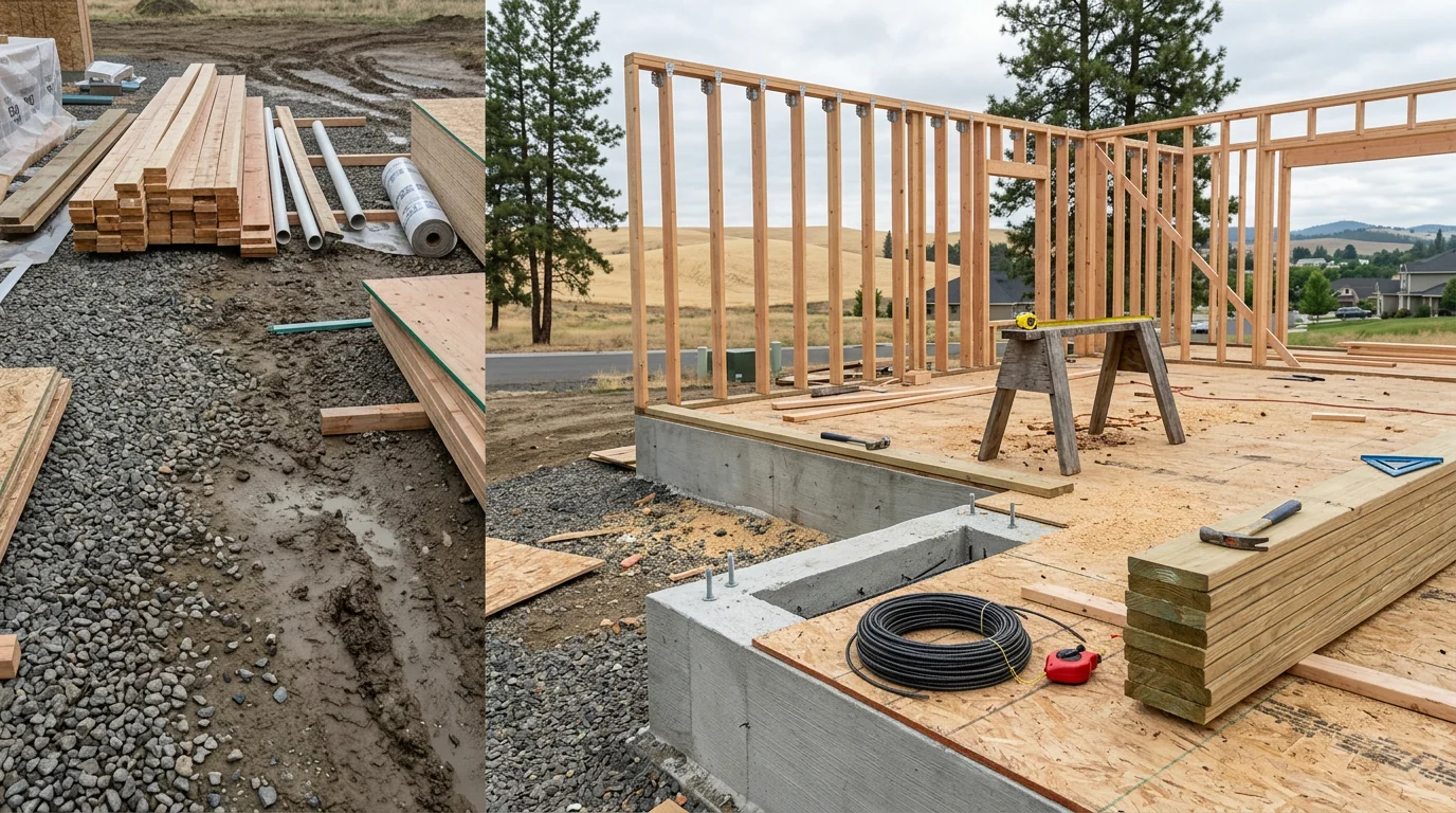 A residential construction project on a single-family home lot in Cheney, Washington, showing framed walls and a concrete foundation under a clear Eastern Washington sky. General contractor work in progress on a residential property in the Spokane area.