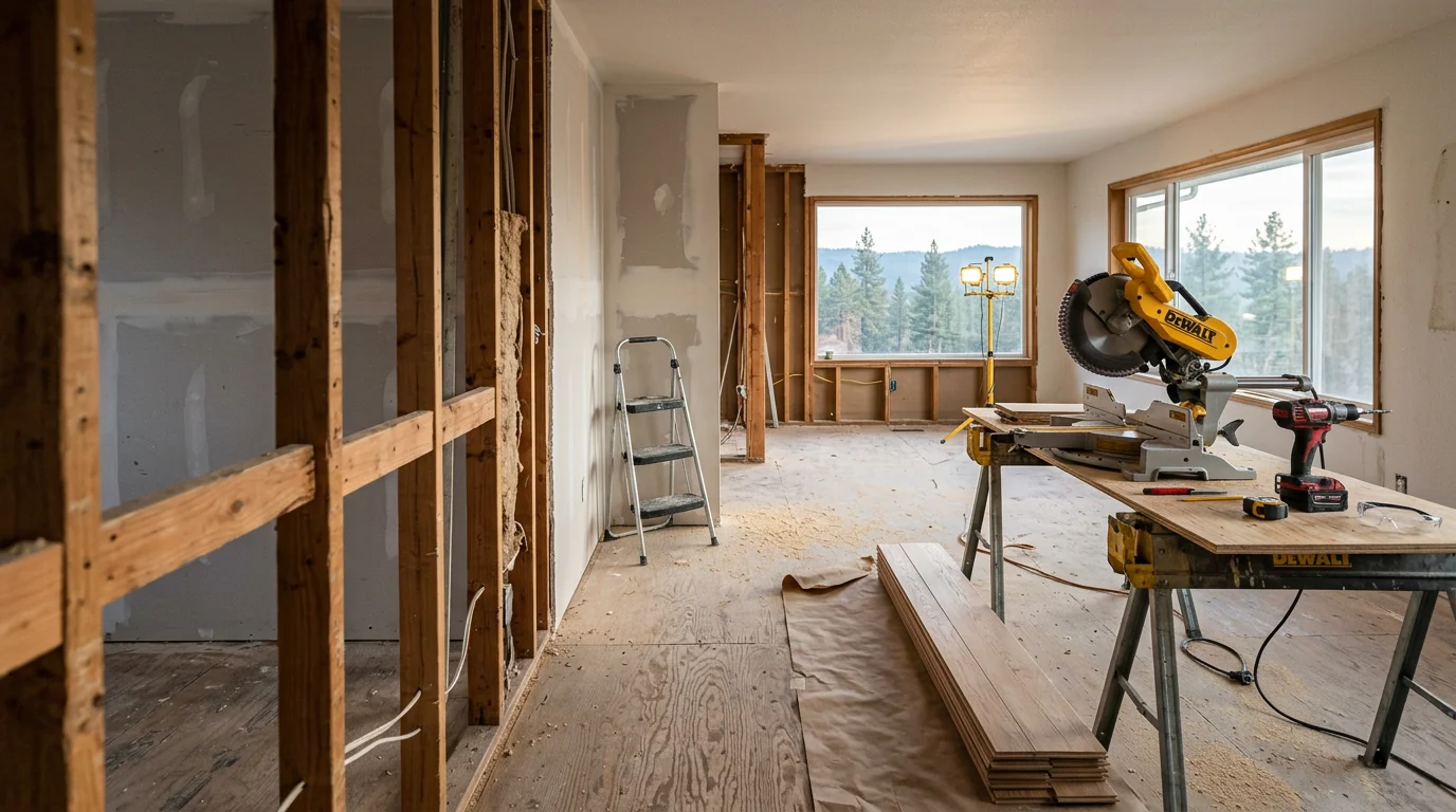 A fully remodeled single-family home interior in Cheney, WA showing an open living area with updated flooring, fresh paint, and a renovated kitchen visible in the background. The space reflects a complete whole-home remodel with consistent finishes throughout.